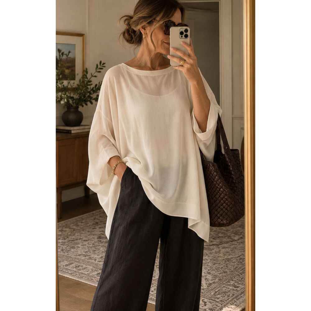 Eileen Fisher XL 100% Silk Sheer Ivory Tunic Blouse Built-In Cami NWT
